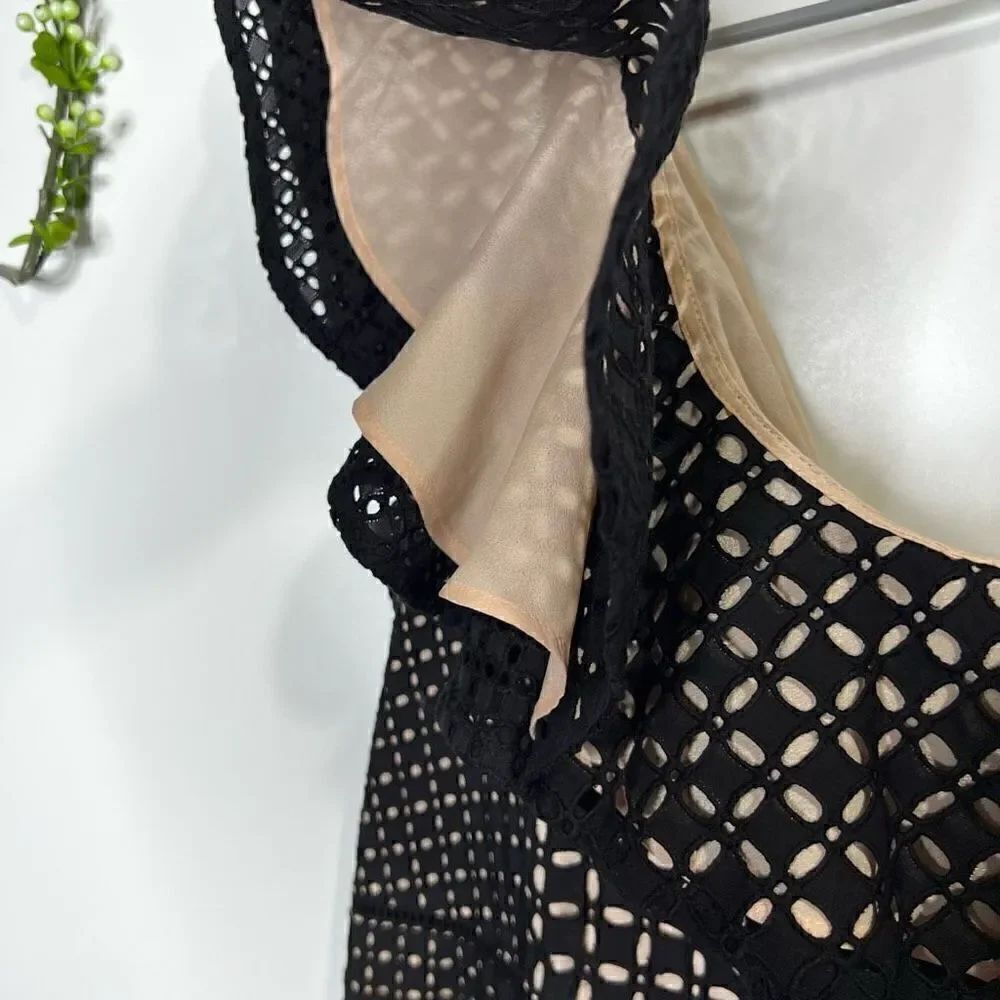 J. Crew Collection One Shoulder Eyelet Ruffle Mini Dress Black - Picture 4 of 13